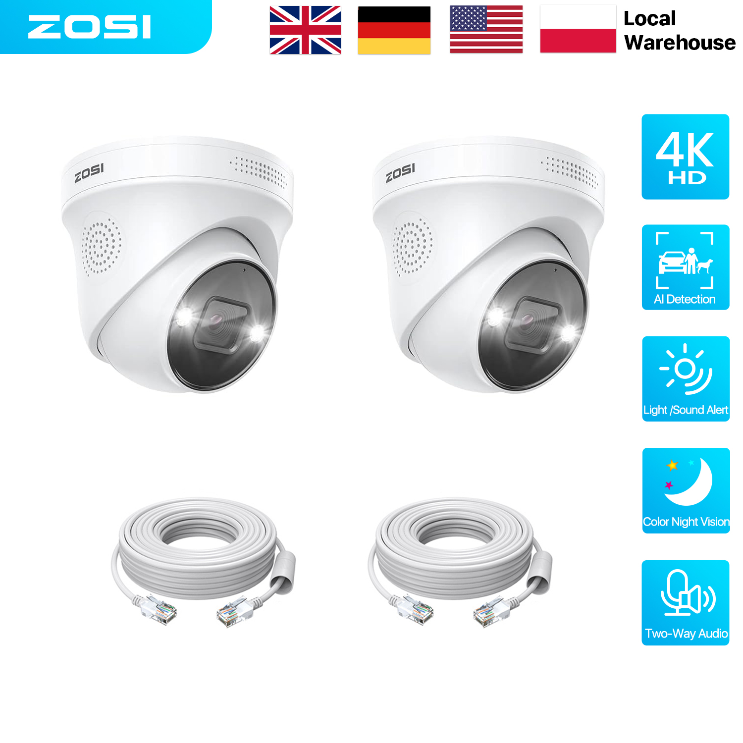 Home Security Ai - ZOSI 8MP 5MP PoE dôme caméra